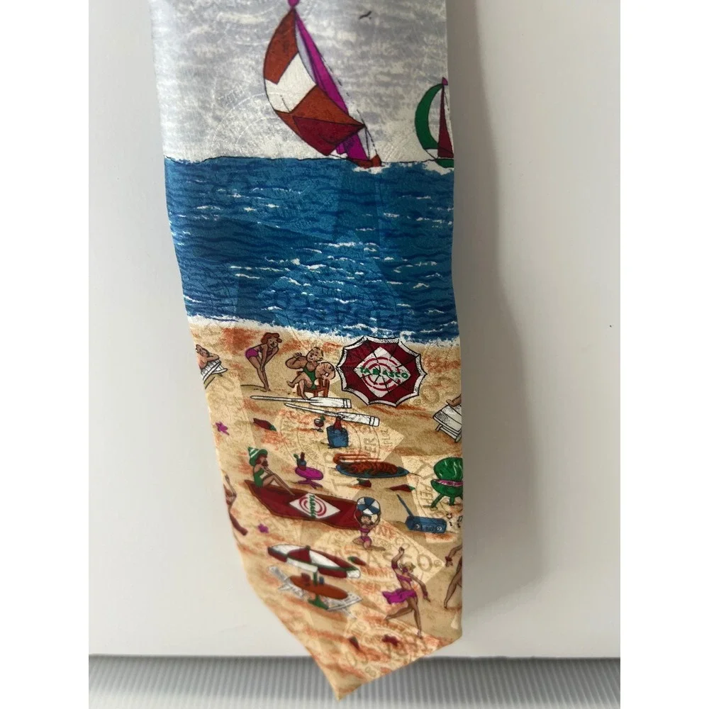 Tabasco Mens Silk Tie Beach Scene Sailboat Novelty Necktie Blue Grey Made in USA